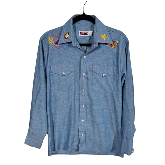 Vintage 70s BIG MAC Embroidered Rooster Chambray Western Shirt Pearl Snap - Picture 2 of 7